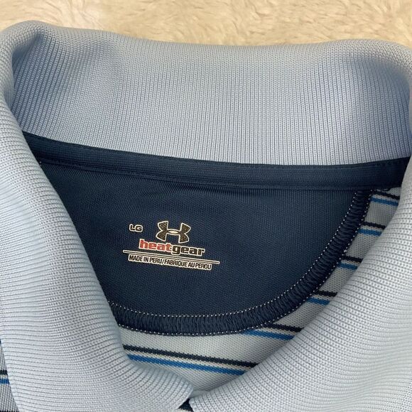 Under Armour Heat Gear Polo Shirt Mens Large Baby Blue Stripes Short Sleeve Golf - Picture 4 of 8
